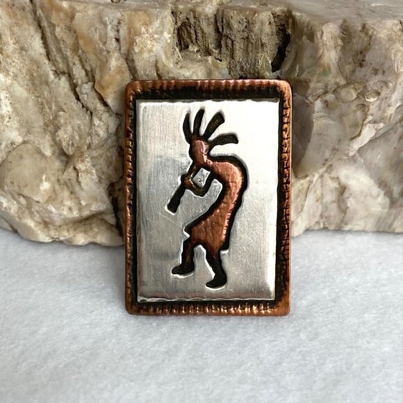 VTG Signed Sterling Silver 925 Copper 1.60" Southwest Overlay Kokopelli Brooch - Picture 4 of 16